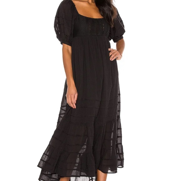 FREE PEOPLE Black Lets Be Friends Drawstring Waist Puff Sleeve Midi Dress L - Picture 5 of 8